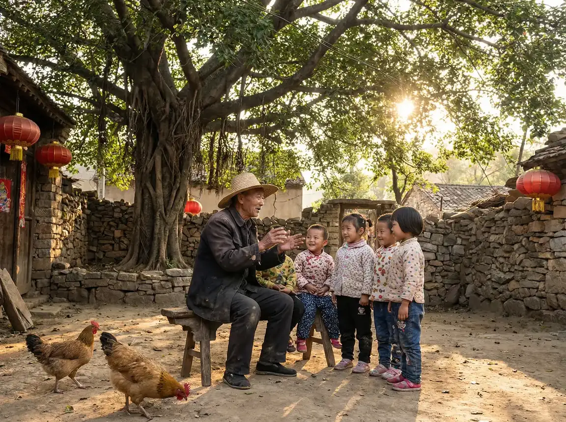 老人在大榕树下给孩子们讲故事 - 齐齐影院 乡村记忆